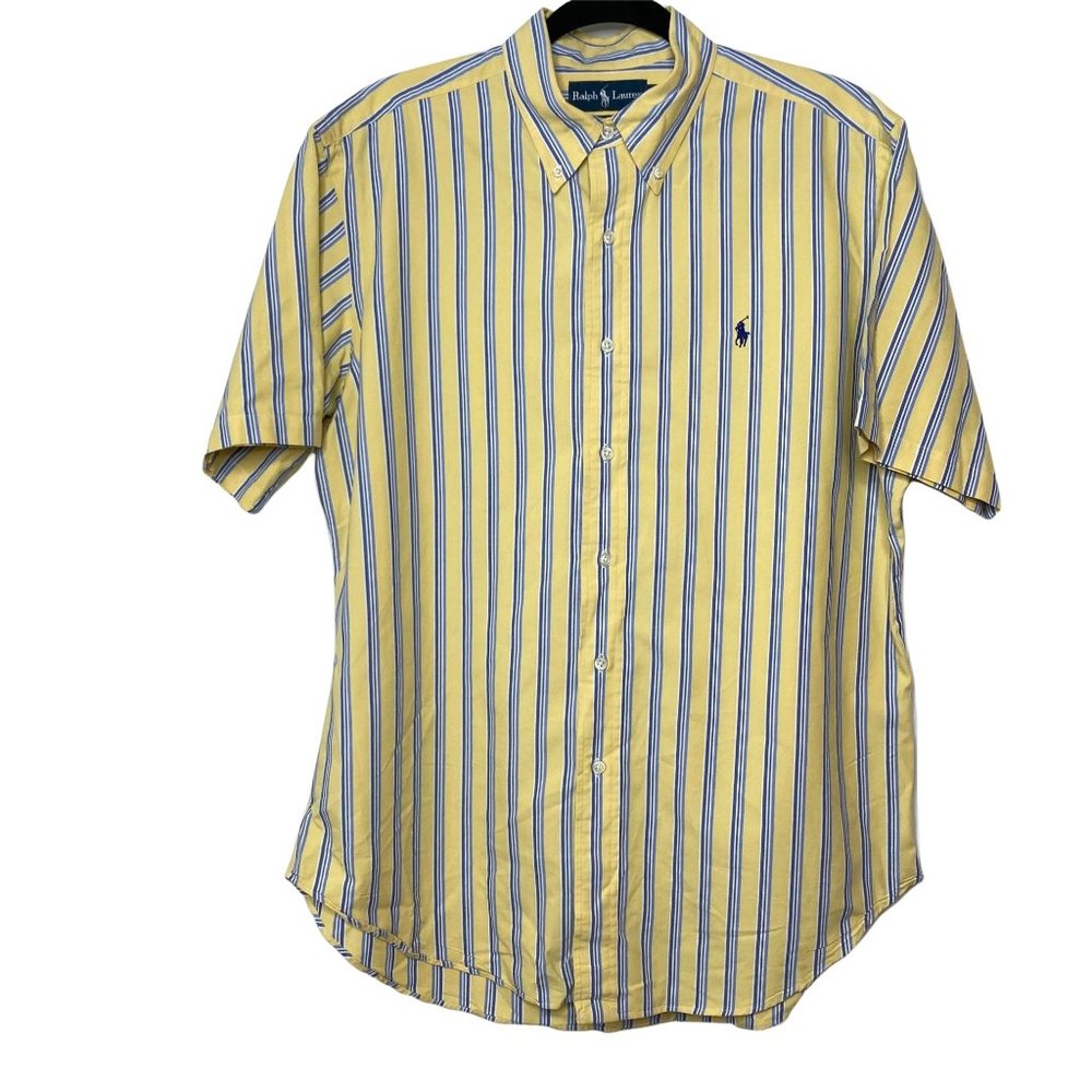 Ralph Lauren Yellow Blue Striped Short Sleeve Button Down Classic Fit Shirt L
